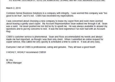 Bauman College Copier Testimonial Letter