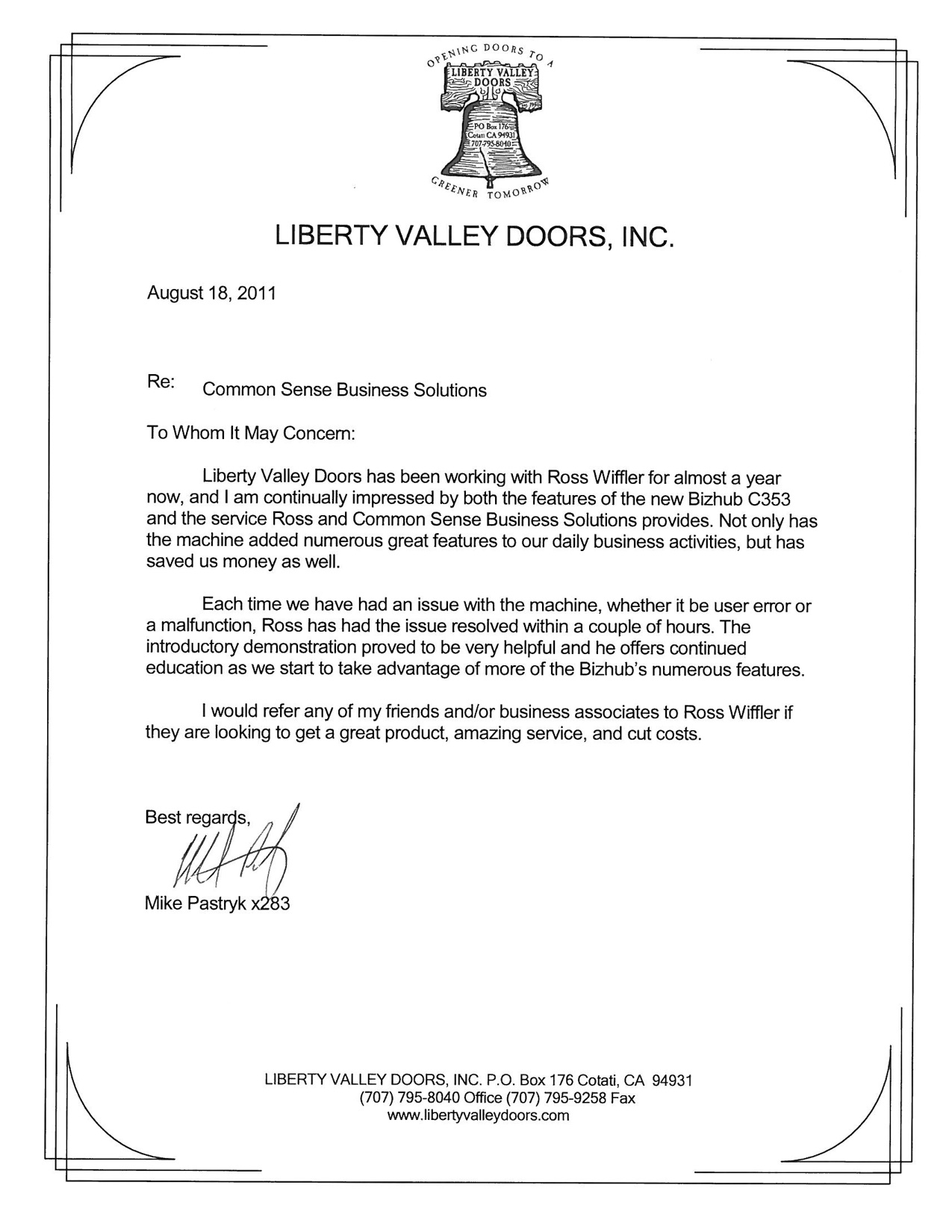 Liberty Valley Doors Testimonial Letter Common Sense Business Solutions