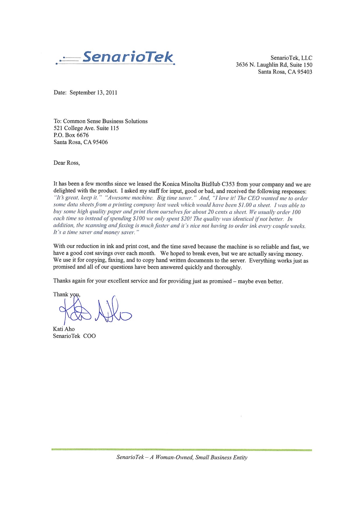 Testimonial Letters Common Sense Business Solutions