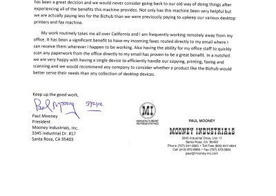 mooney industrials testimonial letter