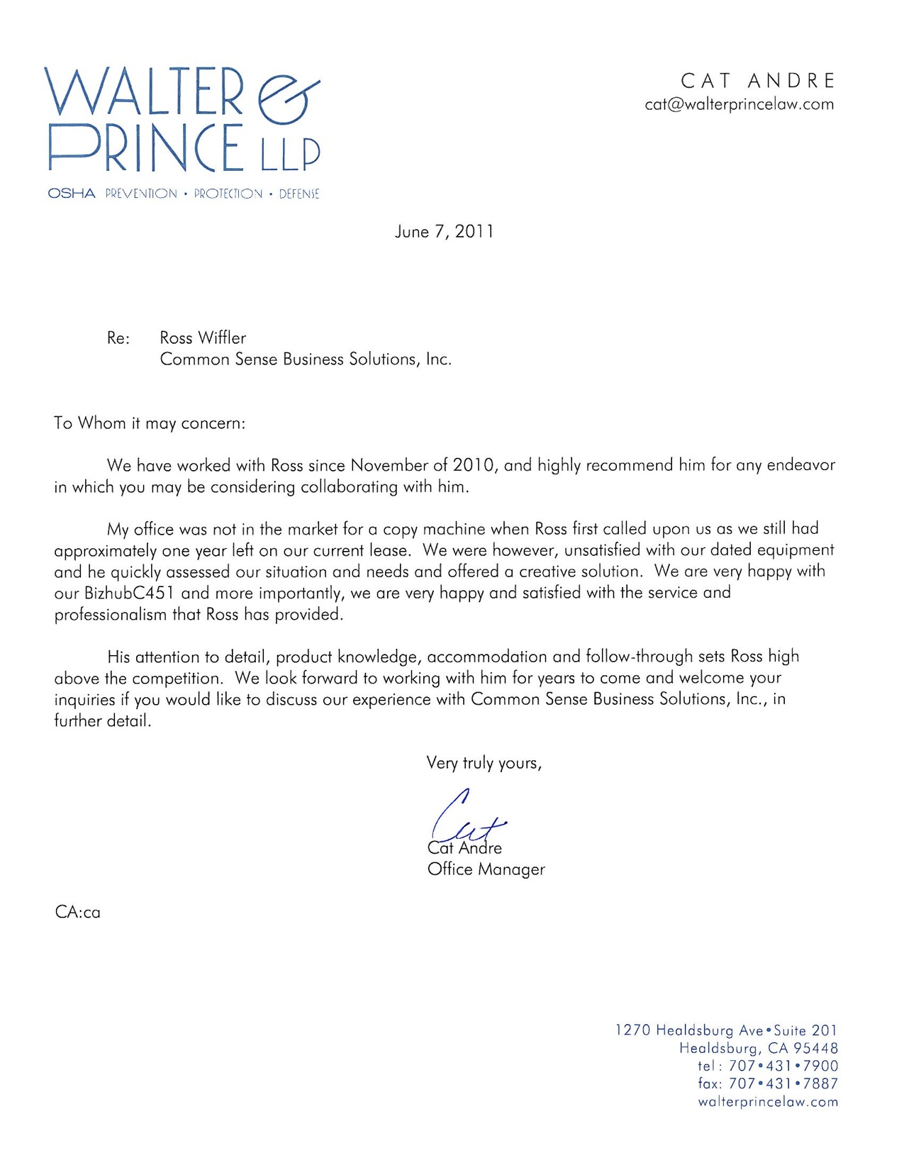 walter prince testimonial letter
