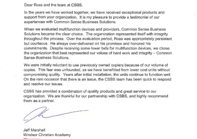 Windsor Christian Academy Testimonial Letter