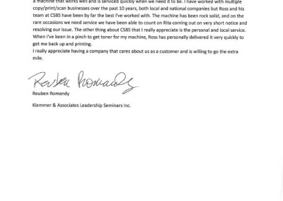 Klemmer & Associates Leadership Seminars testimonial letter