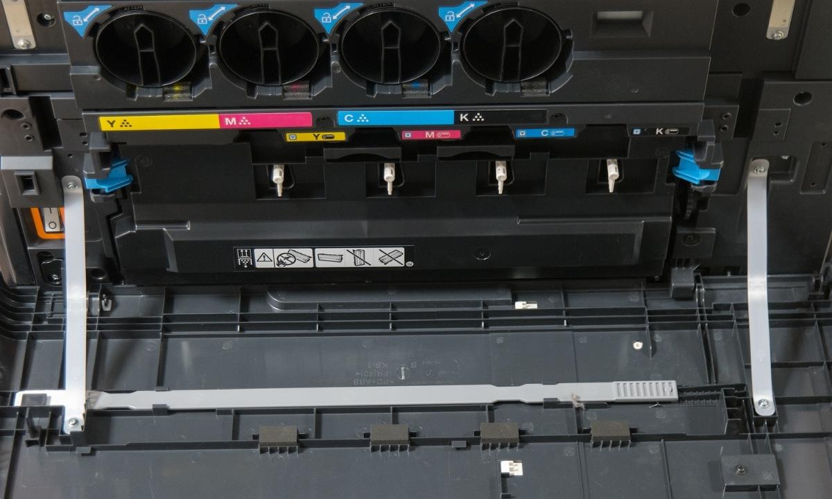 Business Copier toner bay open so toner cartridges can be replaced