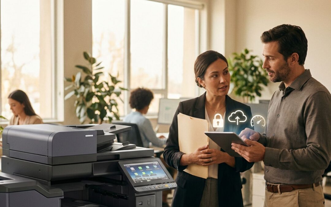 A business owner talks with a service consultant beside a modern multifunction printer while reviewing upgrade and security options on a tablet, highlighting the benefits of leasing up-to-date equipment.